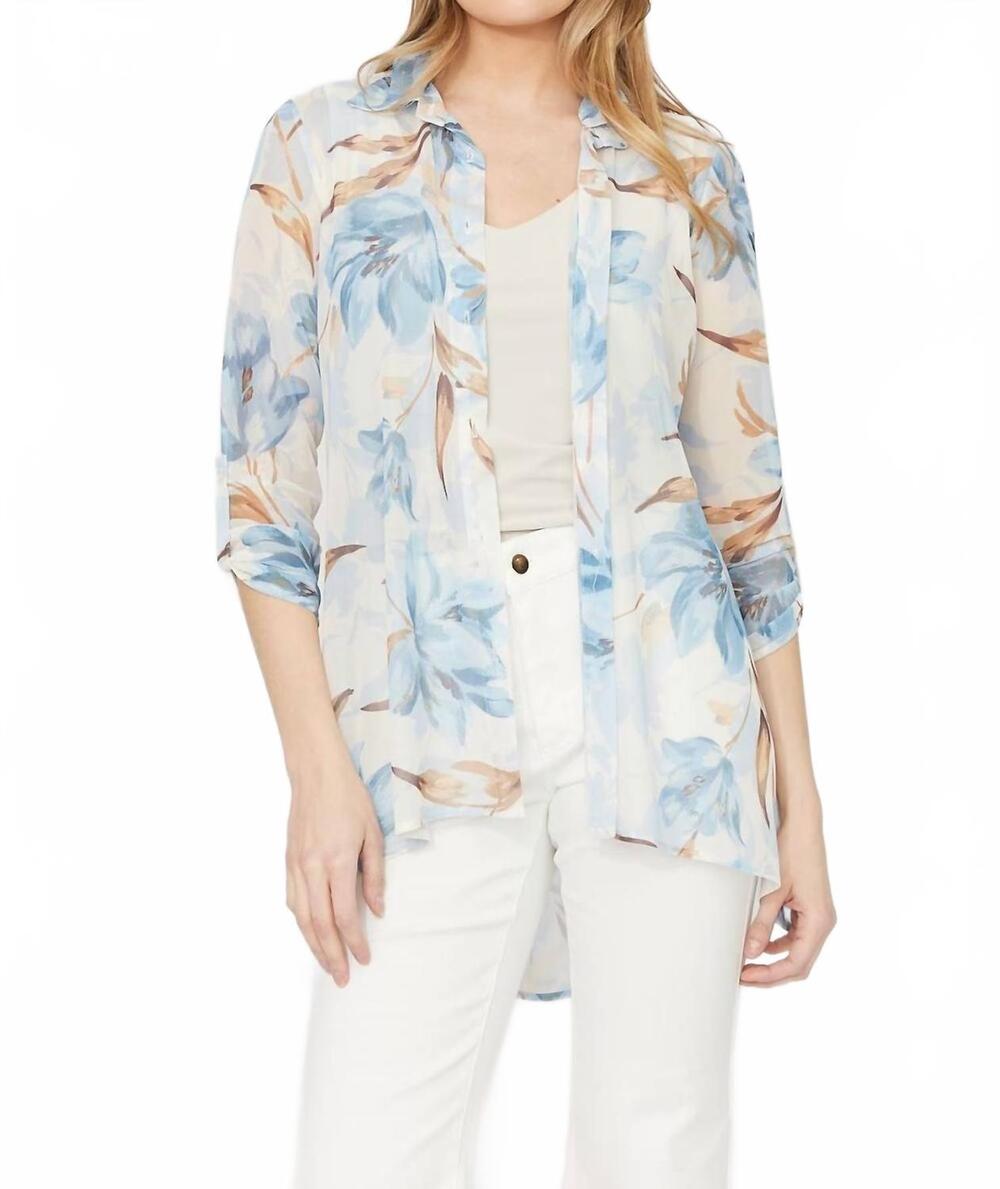 NEW FRANK LYMAN floral sheer buttoned blouse in porcelain